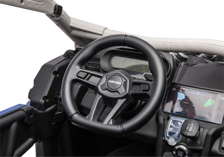 Електрическо детско автомобилче Can-Am Maverick Turbo RR на акумулатор – синьо-сиво, лакирано