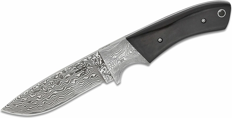 Böker Plus M-ONE Damascus hunting knife with ebony handle and leather sheath