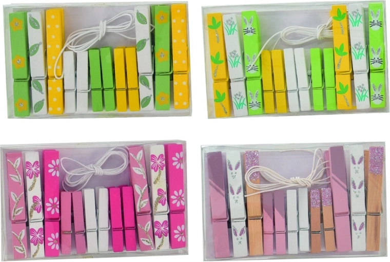 Wooden Easter decorative pegs 12 pcs (mix of 4 designs)