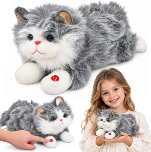 Interactive Plush Cat with Meowing, Grey and White, 40 cm
