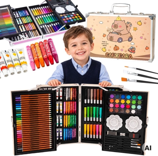 Woopie art set in a suitcase with a capybara design