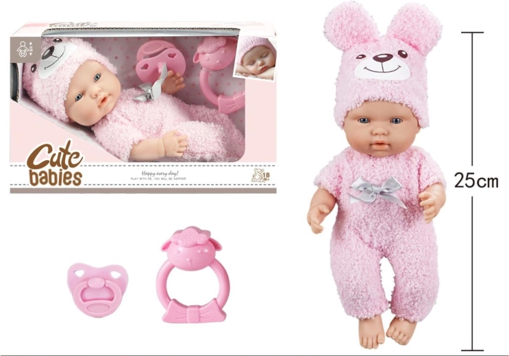 Baby Doll with Pacifier and Rattle in a Pink Romper