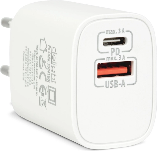 Мрежово USB зарядно устройство с USB-C PD 20 W, бяло