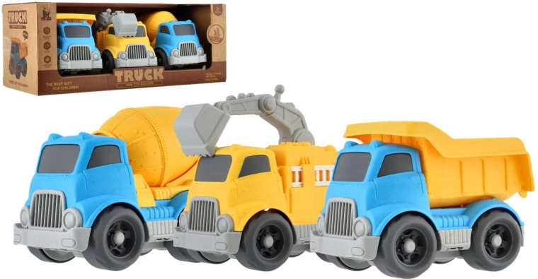Set of 3 construction vehicles with free-rolling mechanism in a box