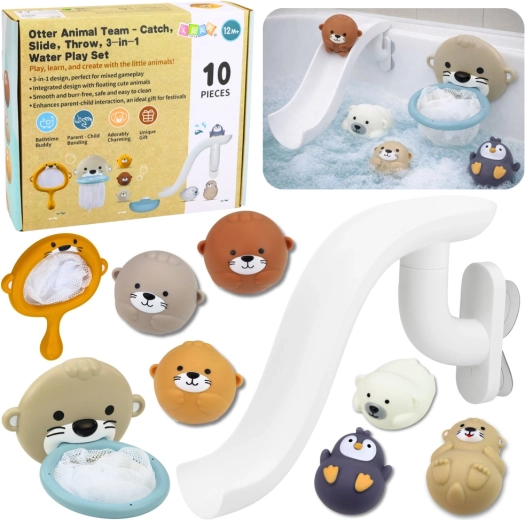 Bath toy set: otter and animal friends with slide and net, 10 pieces