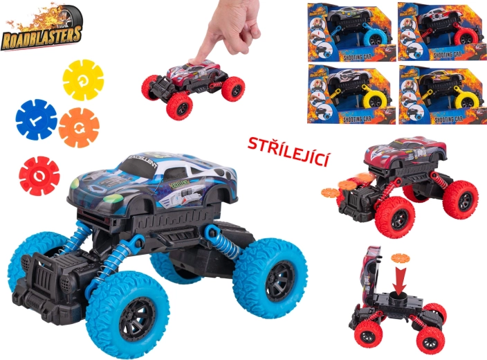 Roadblasters car with large wheels – 17 cm die-cast model with flywheel and disc shooting