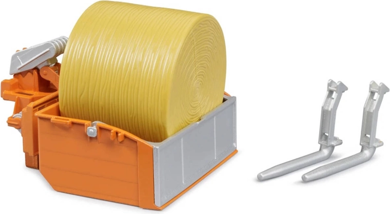 Bruder loading box with forks and a bale of straw