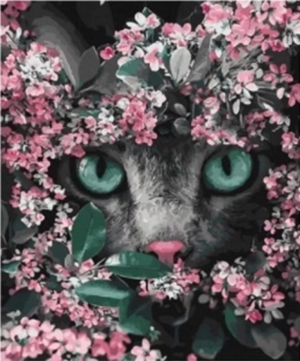 Диамантено рисуване – коте в цветя 30 × 40 см
