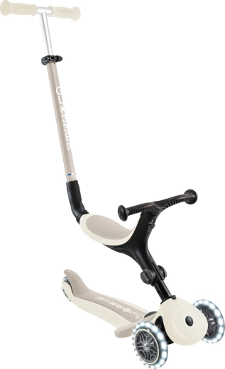 Globber go up active lights ecologic 3v1 детска тротинетка със сваляща се седалка, кокосов цвят