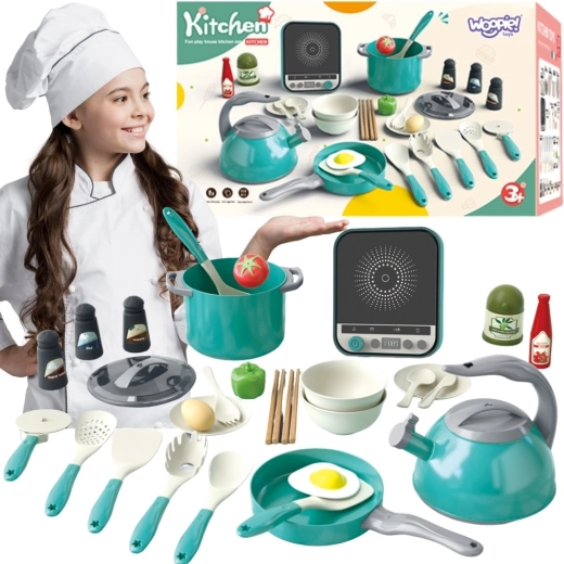 Woopie kids’ kitchen with induction – pots, pan and kettle, 30 pieces, green