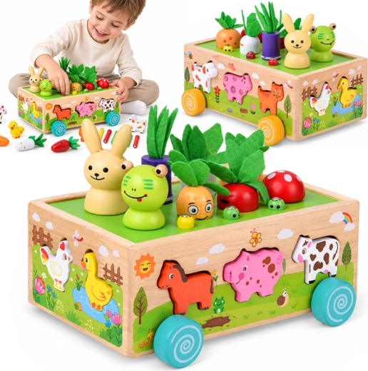 3-in-1 Wooden Sorter with Cart, Animals and Magnetic Worms