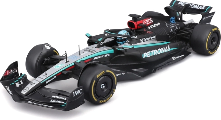Bburago F1 model Mercedes-AMG Petronas W15 2024 George Russell #63 1:24 in an acrylic display case