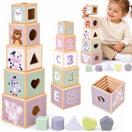 Wooden Educational Pyramid with Shape Sorter 2-in-1