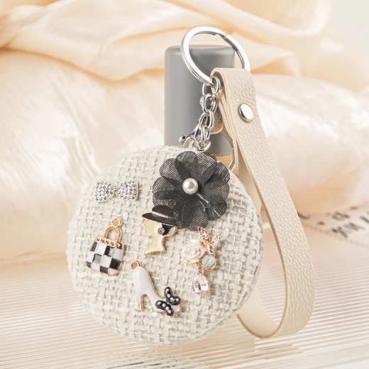 Fashion Icon Pocket Mirror in Cream Tweed with Charms