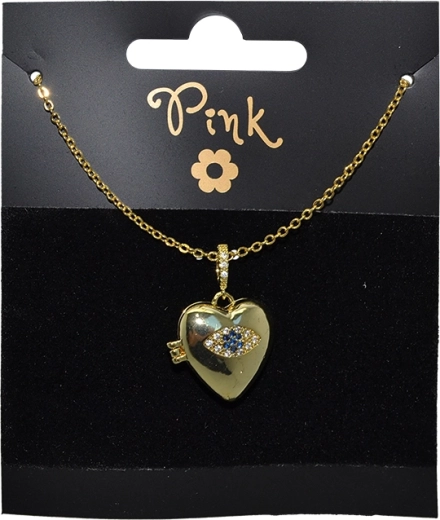 Gold-plated necklace with opening heart locket and lucky eye