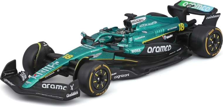 Bburago Formula 1 model Aston Martin AMR25 2025 #18 Lance Stroll 1:43 in an acrylic display box
