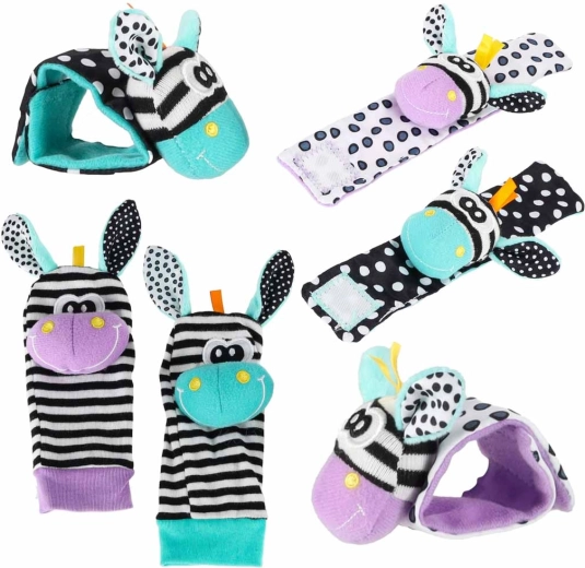 Baby Rattle Socks and Bracelets with Zebra, Green and Purple - 4 pcs