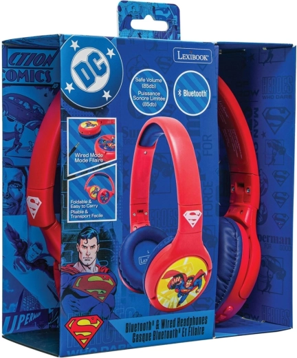 Детски Bluetooth слушалки 2в1 с ограничение на силата на звука SUPERMAN – сгъваеми, с кабел и безжични