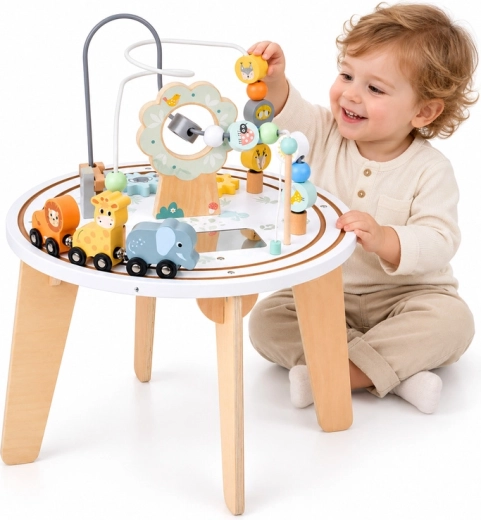 Wooden Sensory Educational Activity Table with a Maze and Animal Train