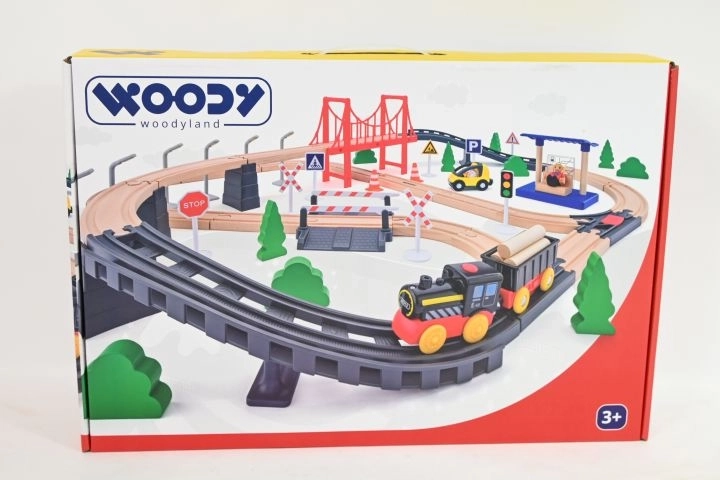 Woodyland wooden train set with electric locomotive and bridge