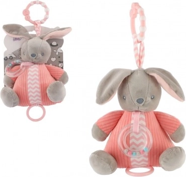 Плюшено зайче с навиващ музикален механизъм и дрънкалка, розово (18 × 20 см)