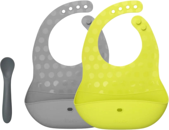 Bblüv Pöket travel set of silicone bibs and spoon lime/grey