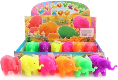 Light-up shaggy rubber elephant, approx. 12 cm