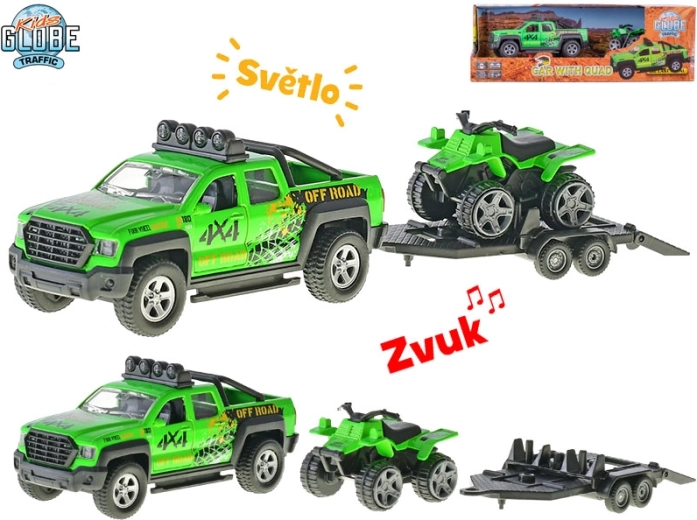 Kids Globe Traffic автомобил с ремарке и ATV, метален модел 13 см със светлини и звуци