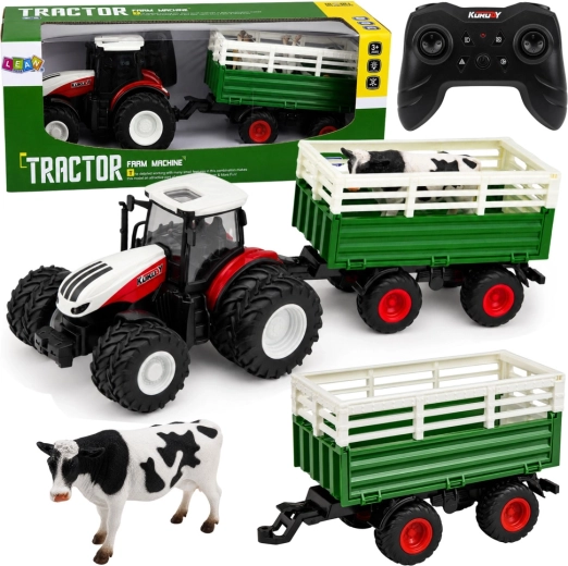 RC селскостопански трактор с ремарке и фигурка на крава 1:24