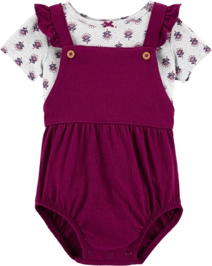 Carter's girls' 2-piece set: short-sleeve T-shirt and suspender shorts, purple flowers
