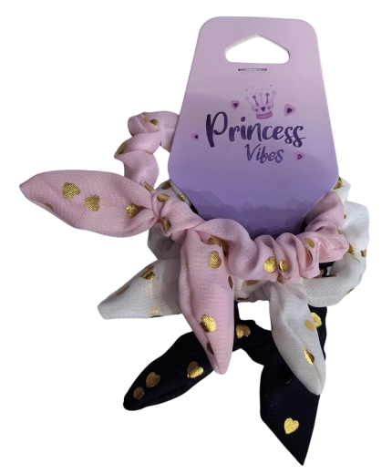 PINK set of scrunchie hair ties with a bow and gold hearts - 3 pcs