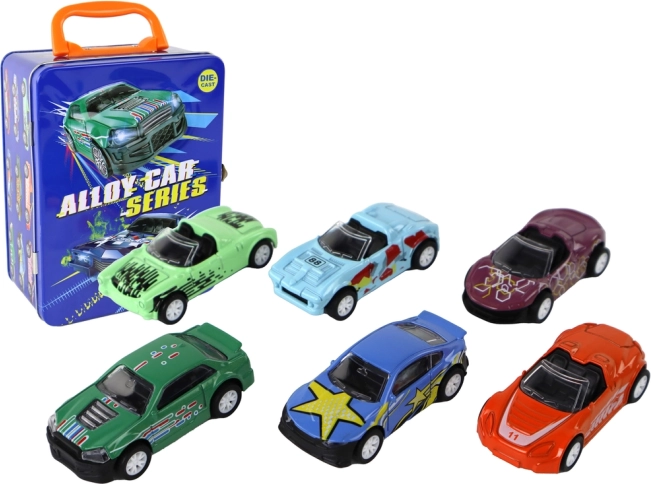 Комплект метални колички с механизъм на триене в метално куфарче 1:64, 6 бр.