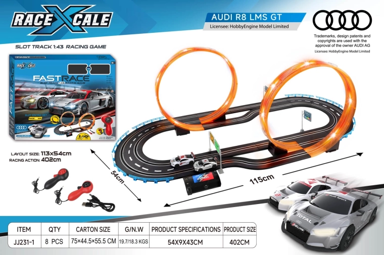 Remote-Controlled Audi R8 Racing Slot Car Track 1:43, 115 × 54 cm