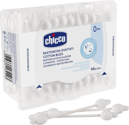 Памучни клечки Chicco с анатомична форма, 100% памук, 60 бр.
