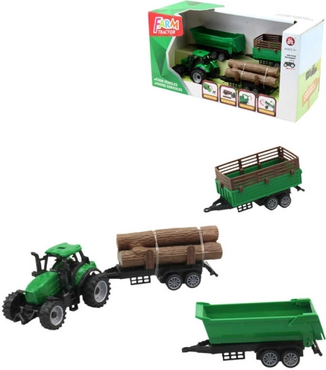Green tractor with 3 trailers and logs – play set