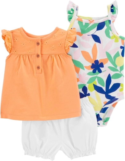 Carter's 3-piece set for girls Orange Flower (bodysuit, T-shirt and shorts) 9 m