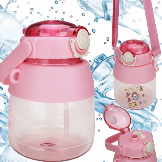 Kids’ water bottle with straw and strap 1 L – pink