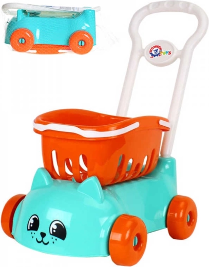 Children's turquoise shopping cart with cat motif and removable basket