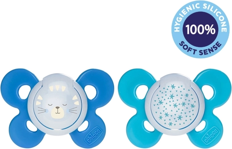Chicco Physio Comfort silicone night pacifier for boys 16–36 months, cat and stars, 2 pcs