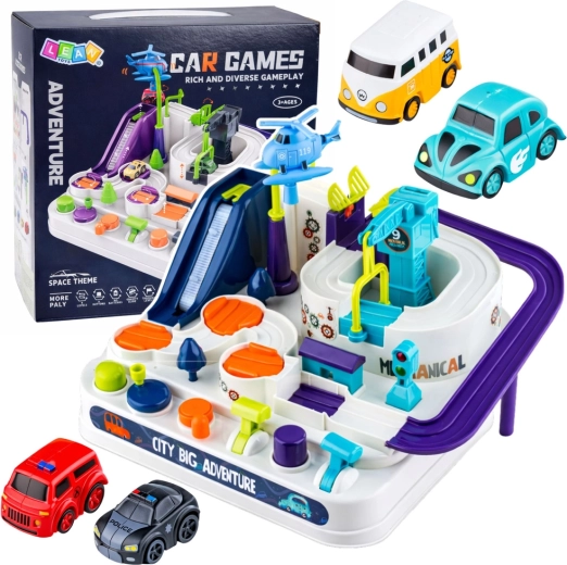 Interactive city obstacle race track set with parking lot and 4 cars