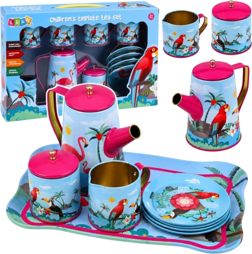 Children’s metal tea set with parrots – exotic motif, 12 pieces