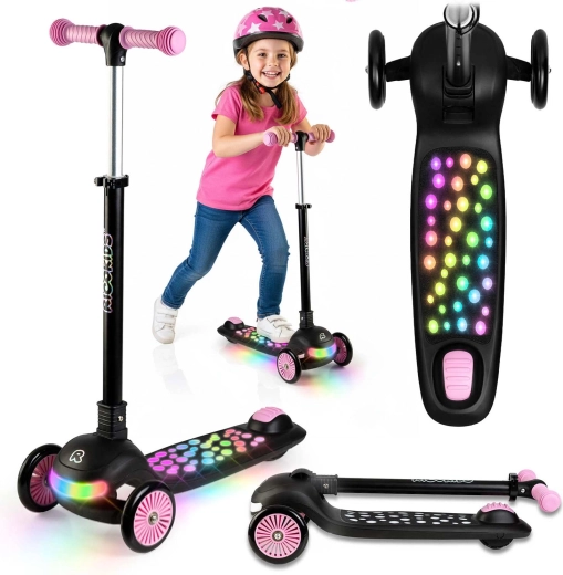 Детска триколесна балансираща тротинетка с LED подсветка Ricokids Glowi – черно-розова