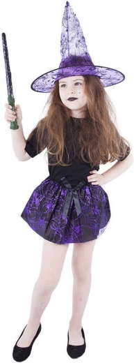 Kids’ witch costume with cobweb – skirt and hat