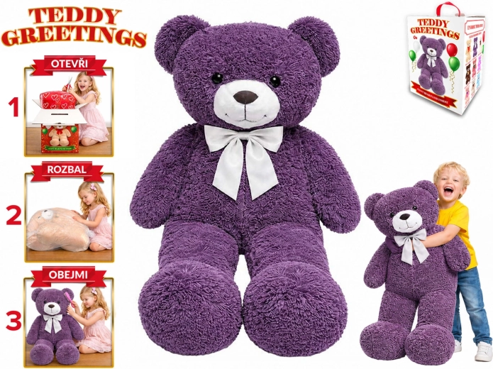 Плюшено мече с панделка Teddy Greetings 120 см, лилаво – 1 брой