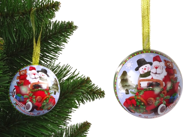 Christmas metal tree ornament – green ball with St. Nicholas and snowman