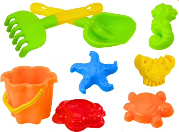 Комплект пясъчни играчки с кофа, сито и формички, 8 части