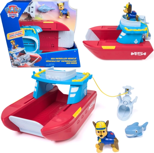 Spin Master PAW Patrol Sea Patroller – спасителен кораб на бреговата охрана с фигурка Чейс и акула