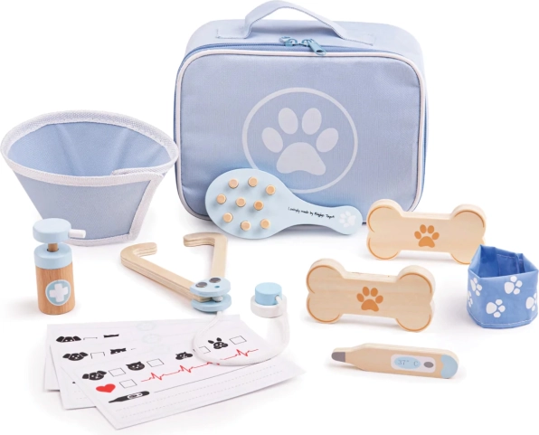 Bigjigs Toys ветеринарен комплект за деца – дървен комплект за домашни любимци, 12 части
