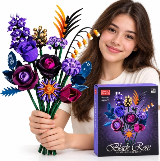 Black Rose Dark Rose Bouquet Building Set, 665 Pieces