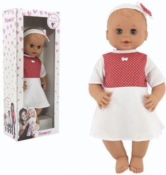 Кукла Hamiro мигаща 50 см с твърдо тяло и бяла рокля с червени точки